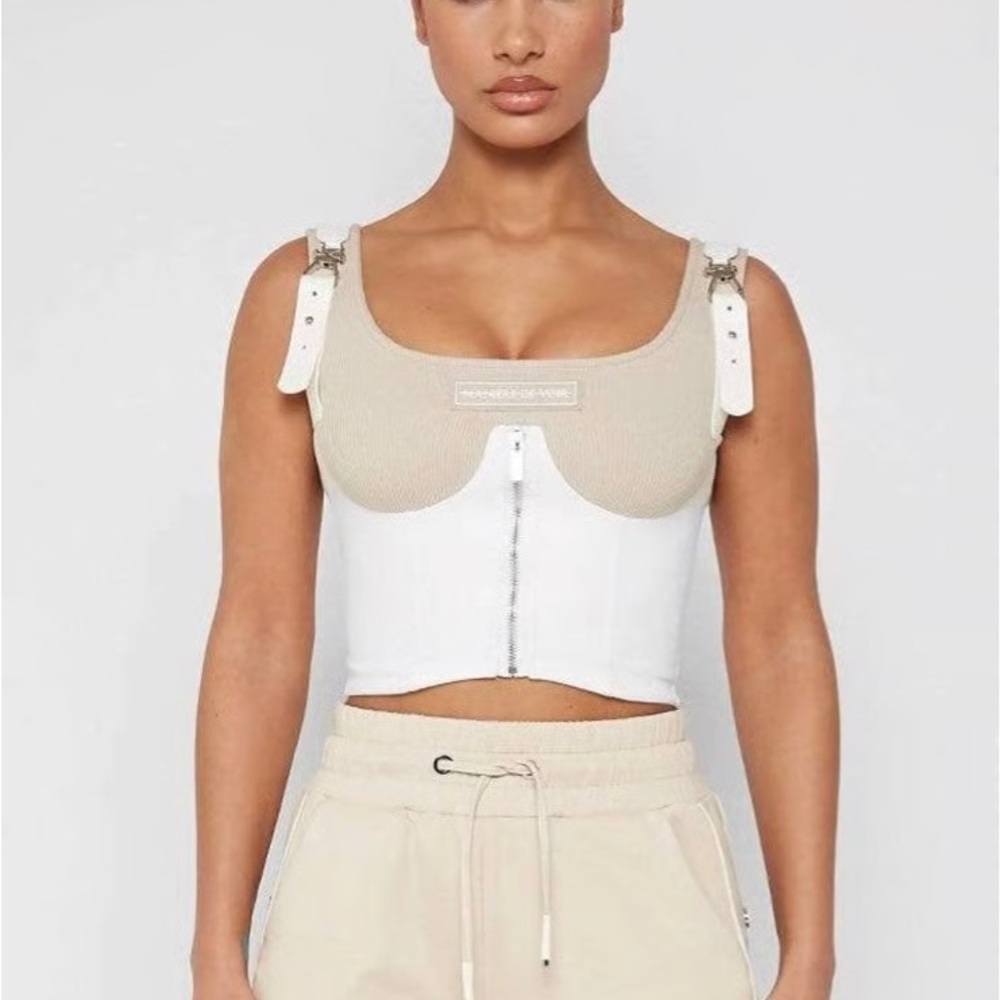 Maniere De Voir Faux leather corset tank crop top
